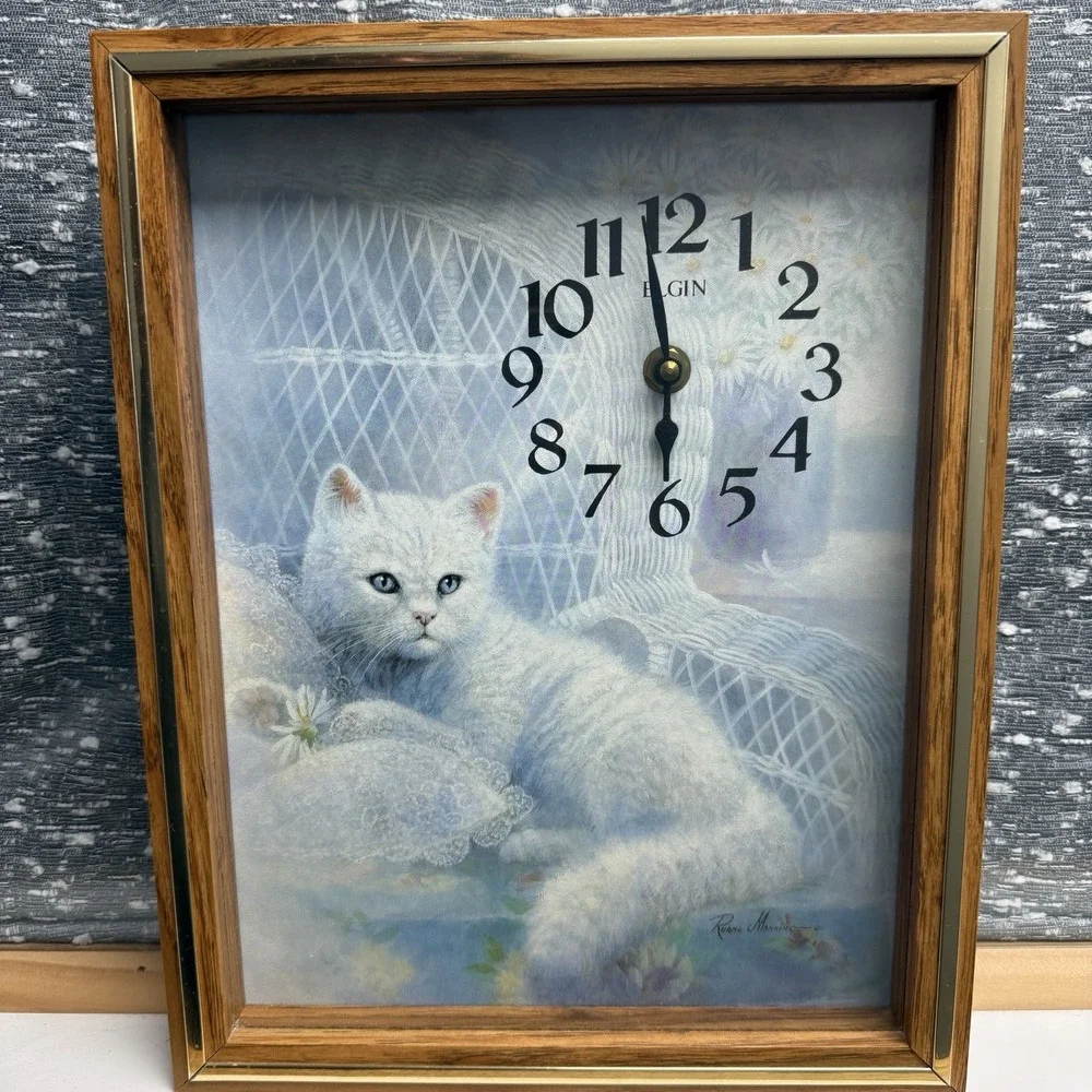 Vintage White Cat Ruane Manning Art Wall Clock Cottagecore Kitsch Granny Works